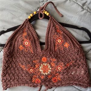 Crochet Halter Top with Floral Embroidery